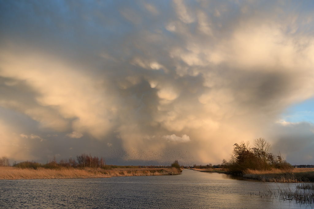 Wegtrekkend onweer boven de Veenwoudstervaart in het licht van de ondergaande Zon