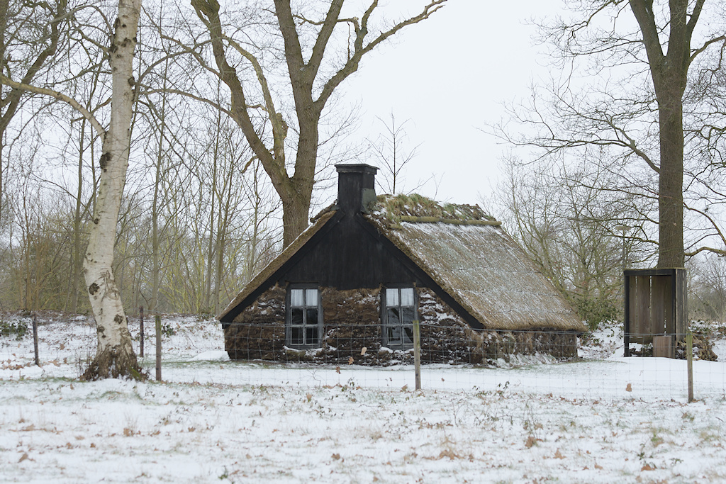 Replica van een plaggenhut in themapark de Spitkeet