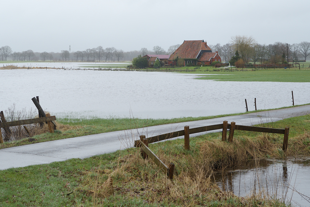 Hoogwater rond boerderij op huisterp
