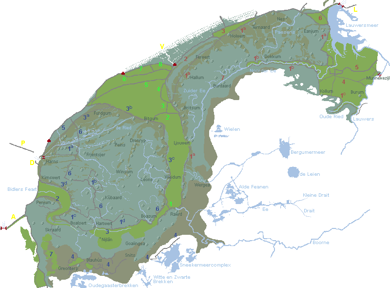 Kaart van terpen, dijken en polders in het Zeekleigebied